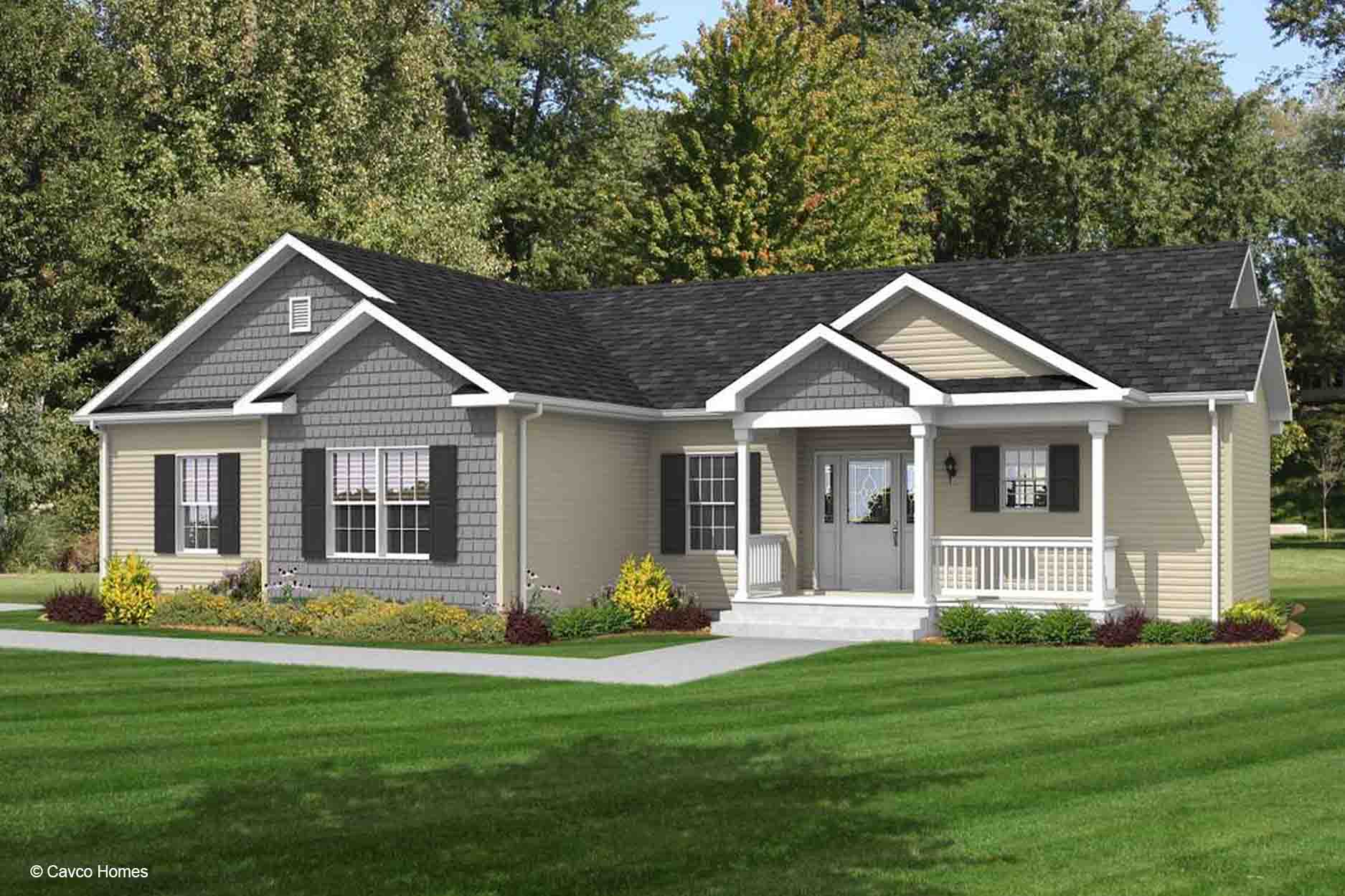 Single-story house with gray and beige siding, front porch, white trim, and landscaped yard.